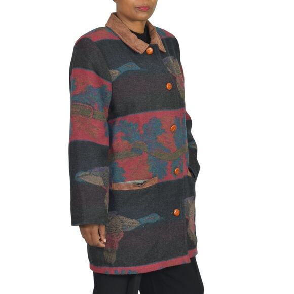 VINTAGE Flytime Tapestry Mallard Coat Italy Wool Duck Foliage Oversized Medium - Picture 11 of 16